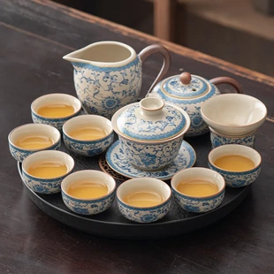 家用喝茶高档中式 开片青花汝窑功夫茶具套装 陶瓷盖碗泡茶壶喝茶杯