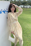 法式超仙浅黄色碎花连衣裙女夏2025新款独特漂亮绝美温柔气质长裙，女装连衣裙，丽人依阁