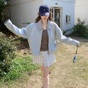 超好看蓝色翻领麂皮绒外套女春季2025新款韩系学院风休闲夹克上衣图片