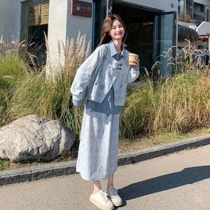 2604p185k298假两件条纹拼接套装女2026春季新款半身裙两件套,大码女装,2B105