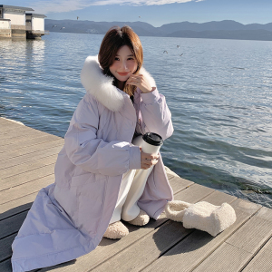 现货2496kp375k558紫色2025冬新款连帽大毛领韩版牛角扣面包服图片