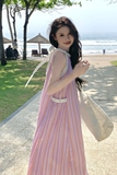 多巴胺温柔粉色条纹挂脖连衣裙女2025夏季新款海边度假风气质长裙，商品下架区，丽人依阁