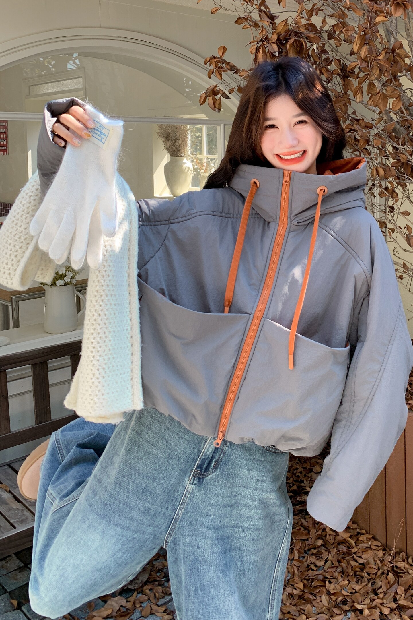 灰色短款连帽羽绒服外套女冬季2025新款加厚白鸭绒小个子面包服,女装羽绒服,丽人依阁