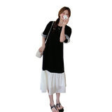 网纱拼接黑色连衣裙女夏小众设计感鱼尾t恤裙网红爆款极简超好看，女装连衣裙，丽人依阁