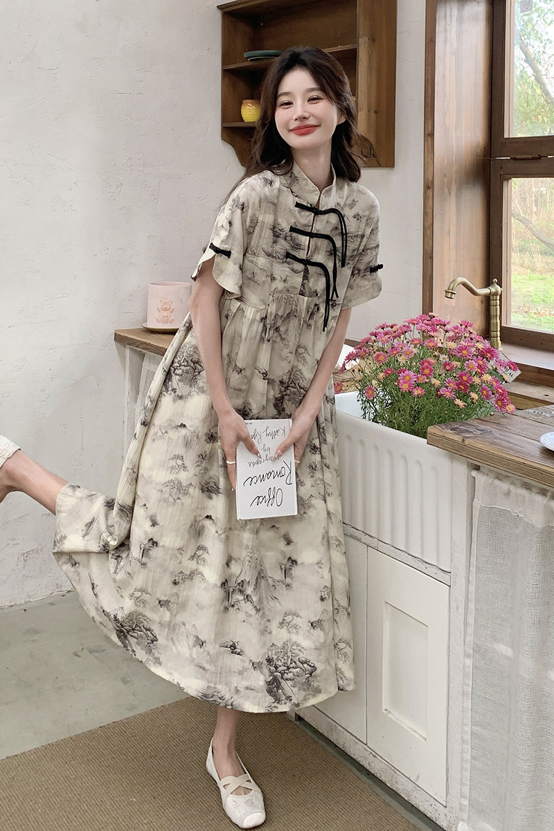 国风印花水墨画连衣裙女2024夏新款盘扣立领设计优雅收腰中式裙子,女装连衣裙,丽人姿兰