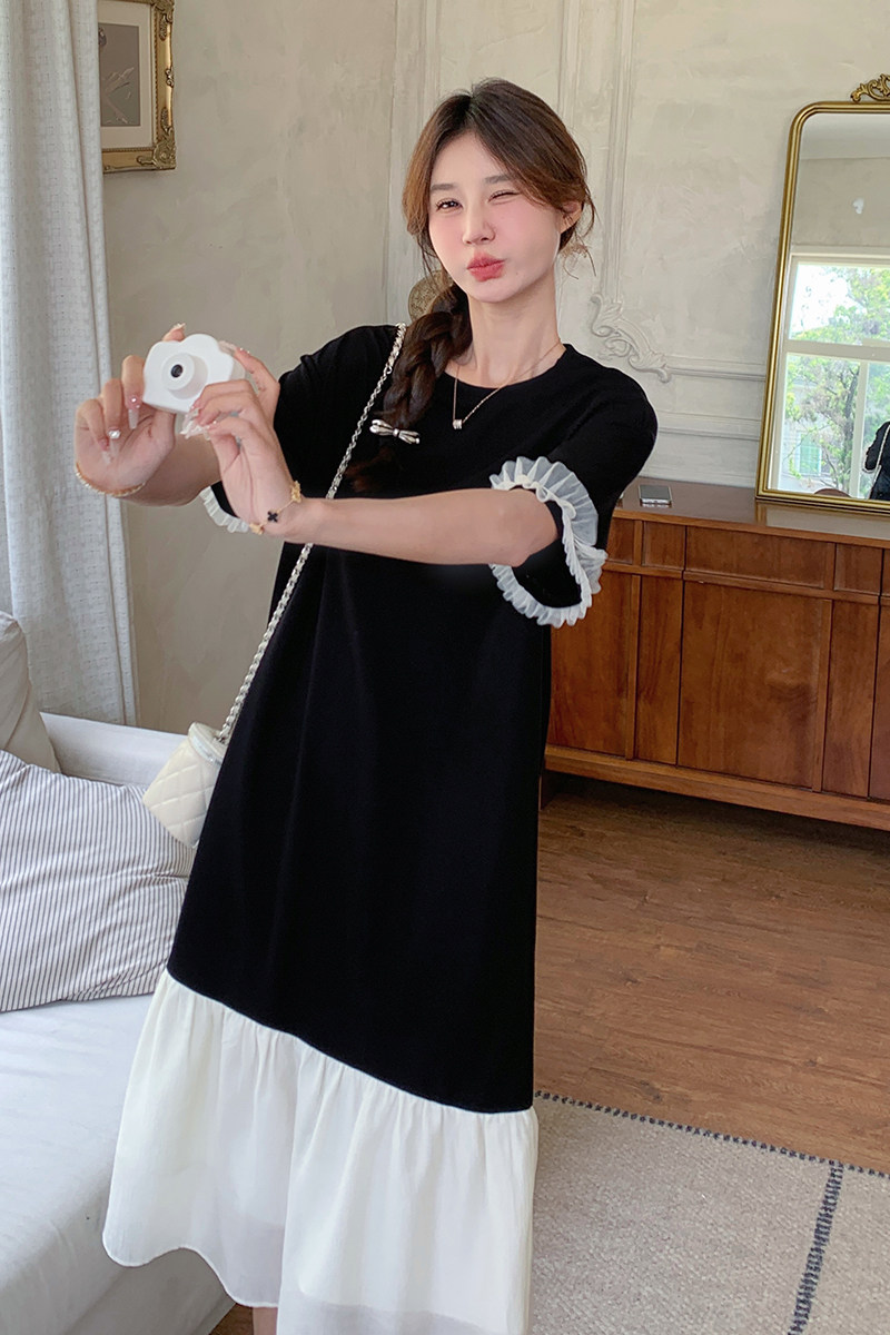 网纱拼接黑色连衣裙女夏小众设计感鱼尾t恤裙网红爆款极简超好看,女装连衣裙,丽人依阁