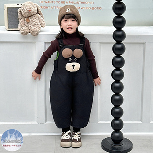 女童羽绒背带裤冬装儿童白鸭绒卡通小熊长裤女宝宝保暖冬季裤子潮