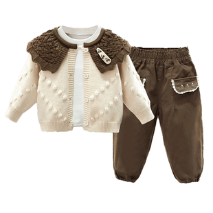 女童套装春秋款2025新款洋气儿童时髦毛衣外套三件套宝宝女孩衣服