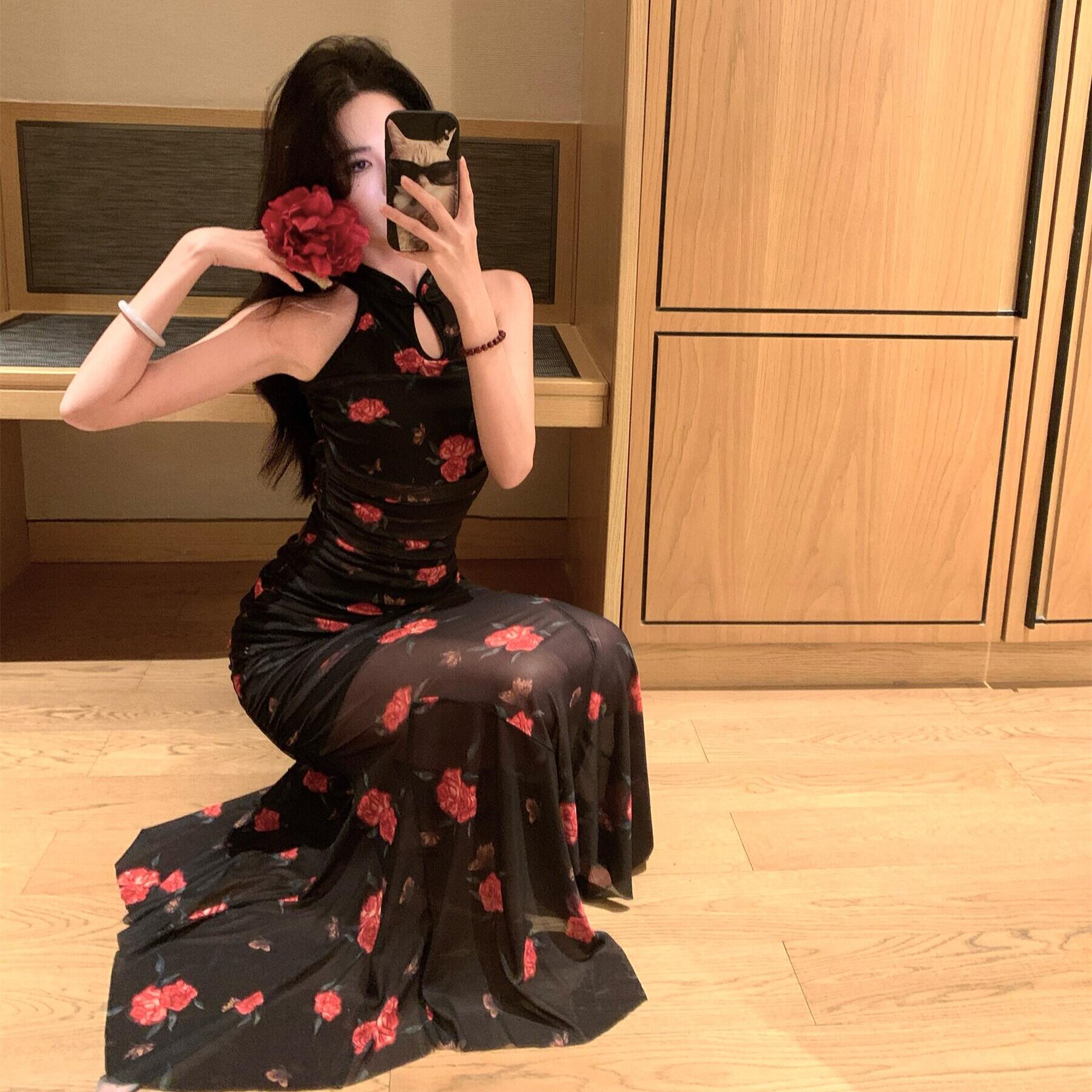 夏季新款国风旗袍改良年轻款气质性感无袖网纱印花长款包臀连衣裙