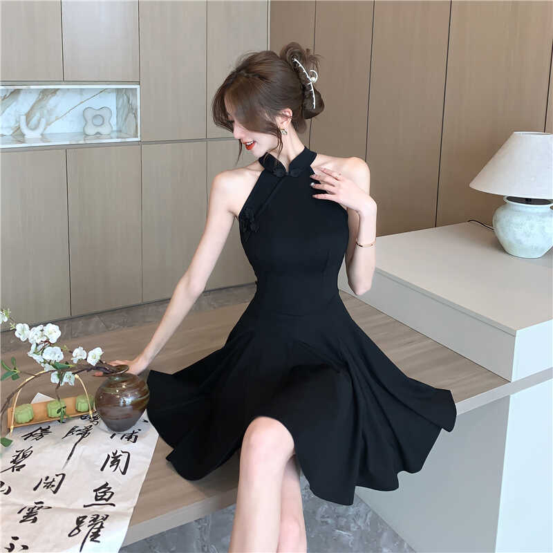 修身露肩收腰显瘦无袖连衣裙国风