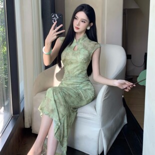 新中式 改良旗袍高级绿色提花立领性感收腰显瘦气质长裙复古连衣裙