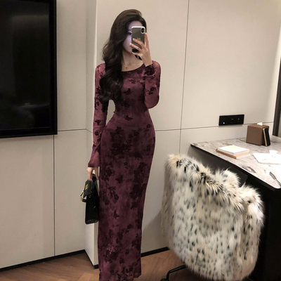 扎染植绒网纱收腰包臀长袖连衣裙