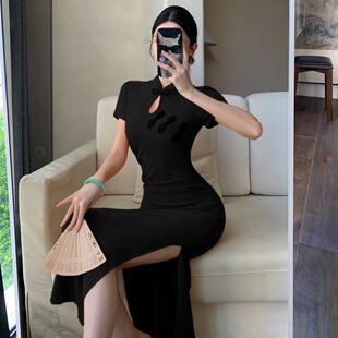 显瘦开衩长款 提花修身 连衣裙 黑色旗袍连衣裙高级礼服裙夏季 新中式