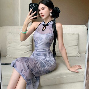 收腰包臀高开衩长款 改良旗袍复古花色无袖 连衣裙夏 优雅新中式 时尚