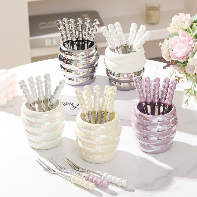 轻奢水果叉餐具儿童甜品叉可爱创意收纳罐家用水果签套装摆件