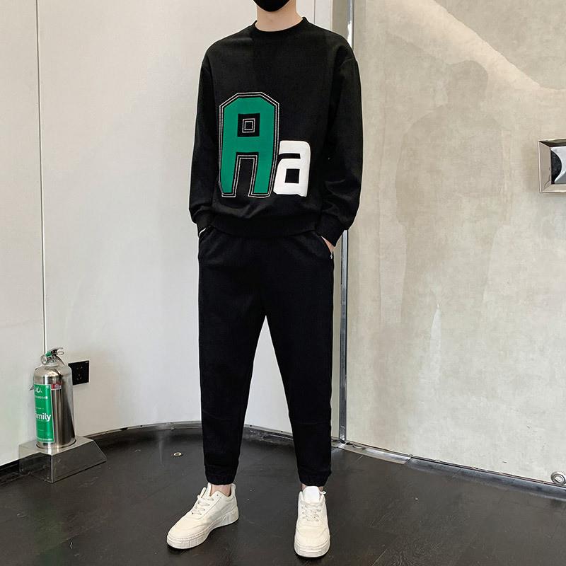 运动套装男卫衣春秋季宽松休闲两件套加肥加大码胖子圆领休闲套装