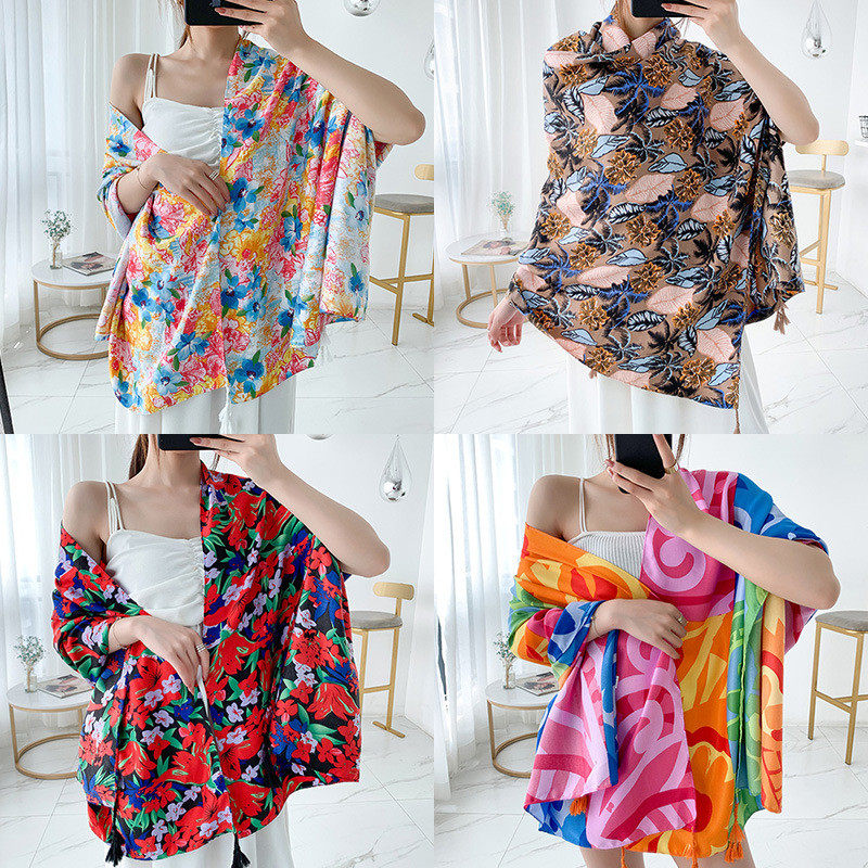 春秋民族风丝巾女旅游度假防晒棉麻印花围巾空调大披肩女沙滩巾