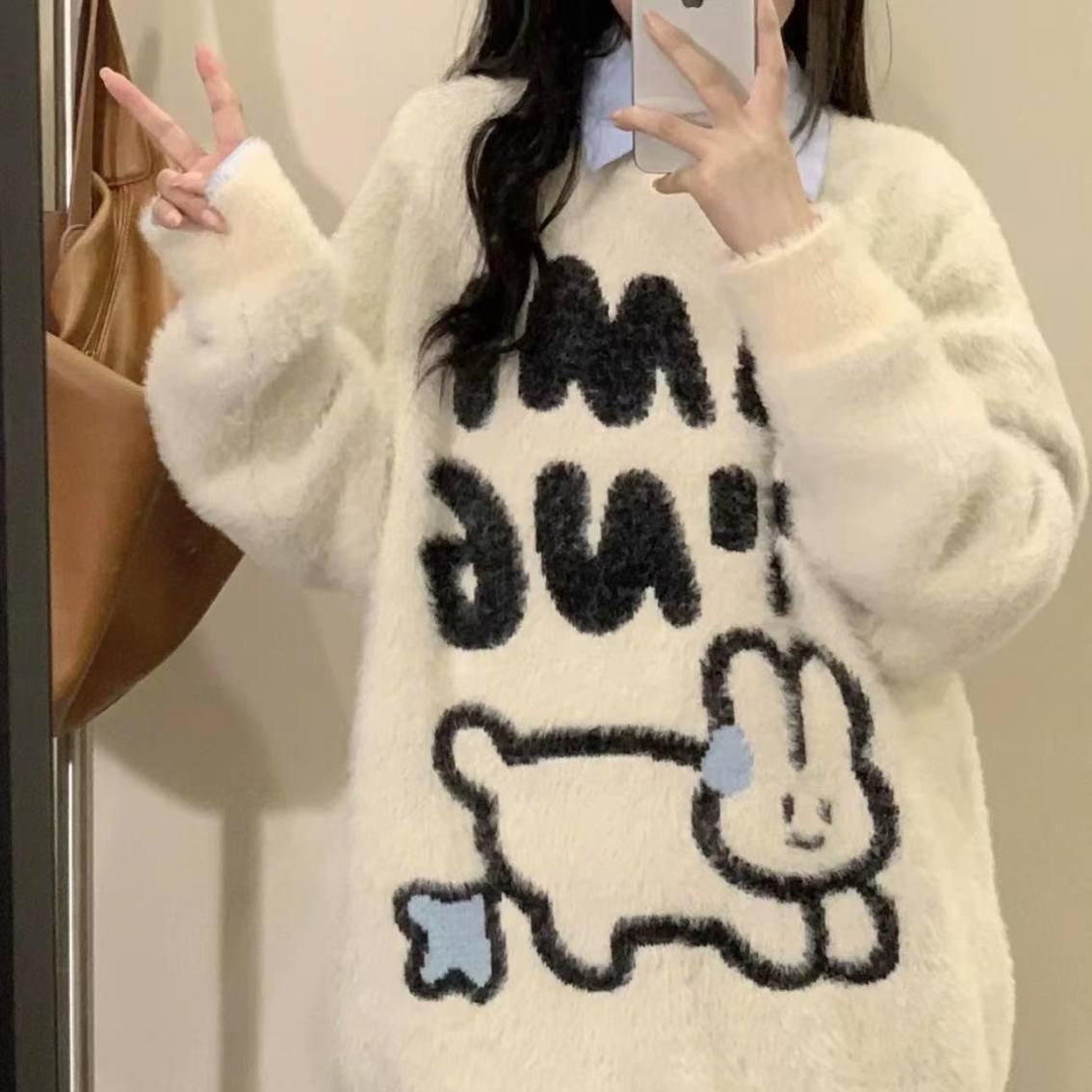 学院风甜美可爱小兔软糯毛衣女学生秋冬新款小个子宽松百搭针织衫,女装/女士精品,大码内搭,淘宝优惠券,粉丝福利购,淘宝优惠卷