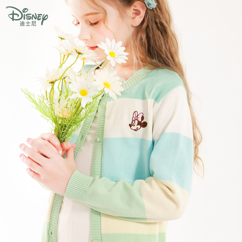 迪士尼女童春季新款针织开衫儿童秋装毛衣针织衫大童外套纯棉上衣