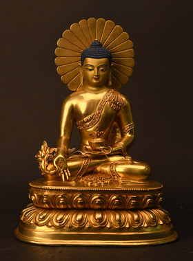 精品药师佛尼泊尔手工背光药师佛紫铜鎏金工艺33cm