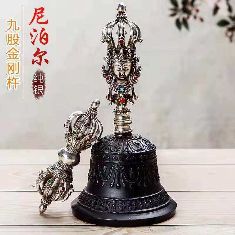 尼泊尔进口纯银九股金刚铃杵法器纯铜降魔杵法事铃铛