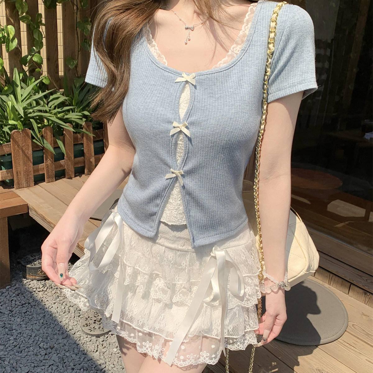 甜美风蝴蝶结蕾丝拼接短袖T恤女T恤