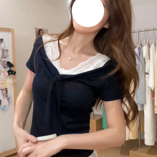 假两件蕾丝拼接披肩短袖 chic韩系上衣 t恤女夏季 设计感甜辣妹修身
