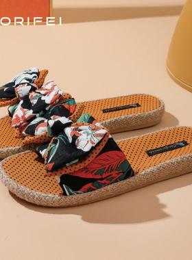 CORIFEI家丽芙春秋新款亚麻防滑轻奢风蝴蝶结家居女拖鞋DS-32883