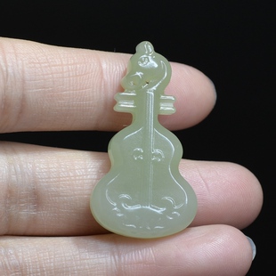 4#天然正品和田玉项链吊坠青白玉带翠马头琴琵琶琴谢知音难求项链