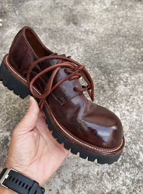 Mantova2024新款小皮鞋时尚百搭马皮水洗手工女鞋低帮圆头德比鞋