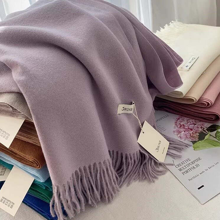 风信紫冬季流苏围巾女纯色仿羊绒柔软单色围脖秋冬保暖披肩送礼
