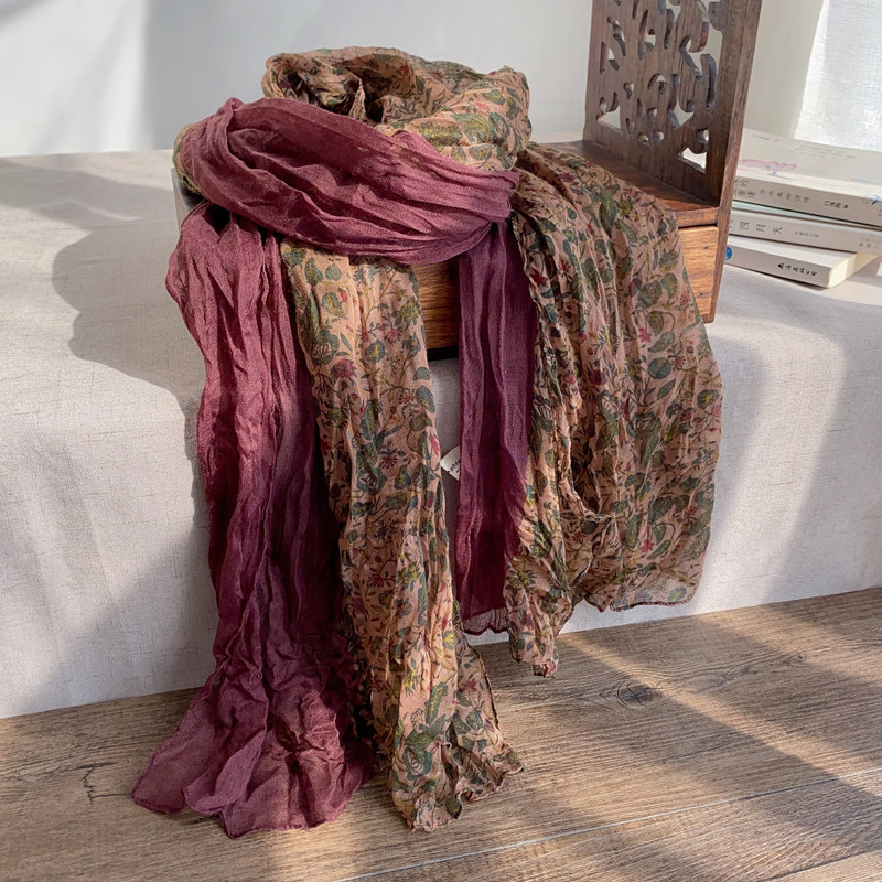 春秋新款褶皱印花棉麻围巾女薄款百搭纱巾复古护颈披肩酒红色围脖