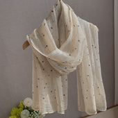 复古韵味文艺女秋冬季 波点棉麻围巾 舒适自然风春秋灰色透气丝巾