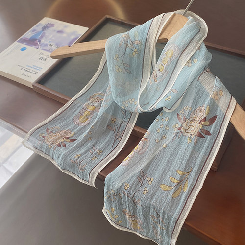 云水蓝长条飘带巾真丝丝巾扎头发