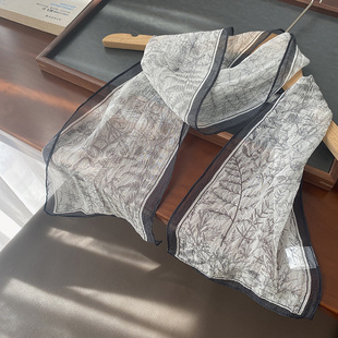 新款水墨黑白桑蚕丝丝巾女夏季百搭珍珠纱小长条围脖护颈真丝围巾