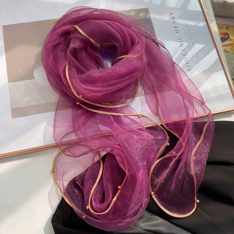 新款紫色纯色纱巾女夏季飘逸金边钉珠方巾春秋季百搭围脖护颈围巾