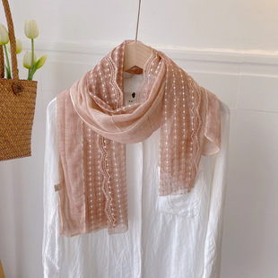 森系复古波点蕾丝棉麻拼接春秋小围巾女薄款夏季防晒披肩短款纱巾
