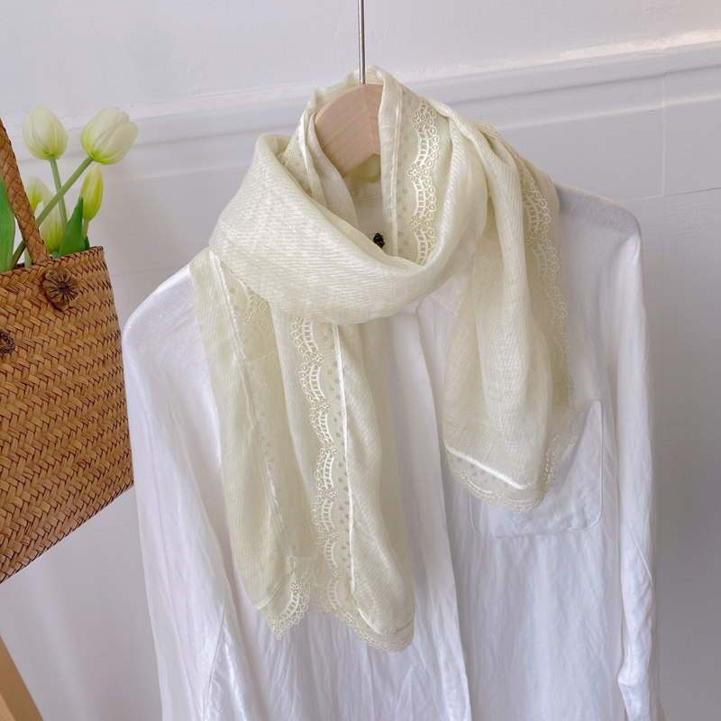 春秋薄款棉麻围巾女百搭纯色蕾丝边小围巾田园文艺保暖护颈围脖