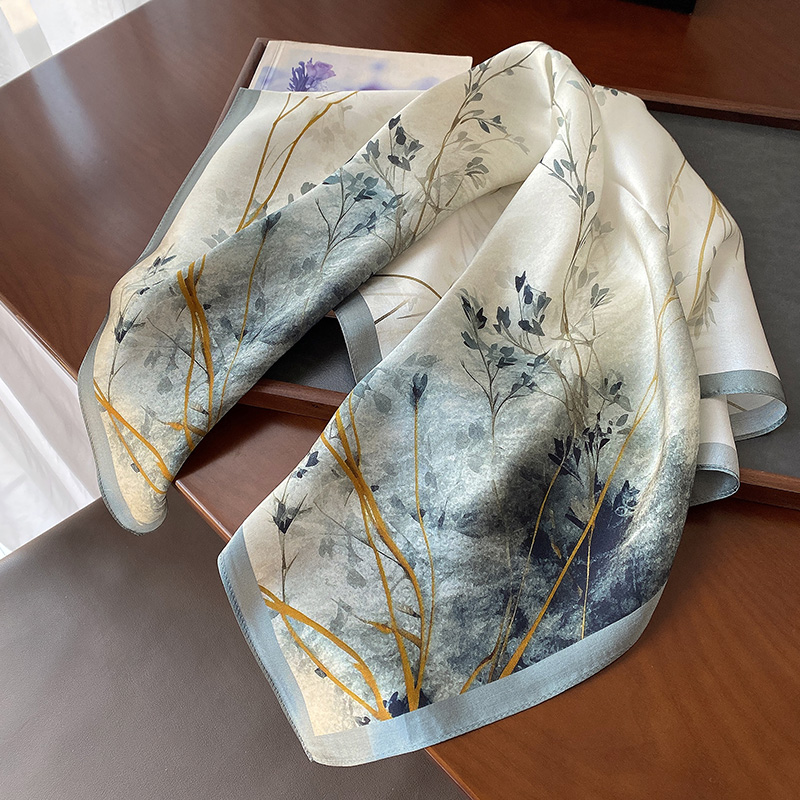 烟雨灰复古文艺气质70cm真丝小方巾春秋披肩100%桑蚕丝围巾女领巾