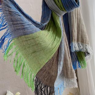 森系复古彩条棉麻围巾柔软毛边自然褶皱条纹围脖学院风2025秋新款