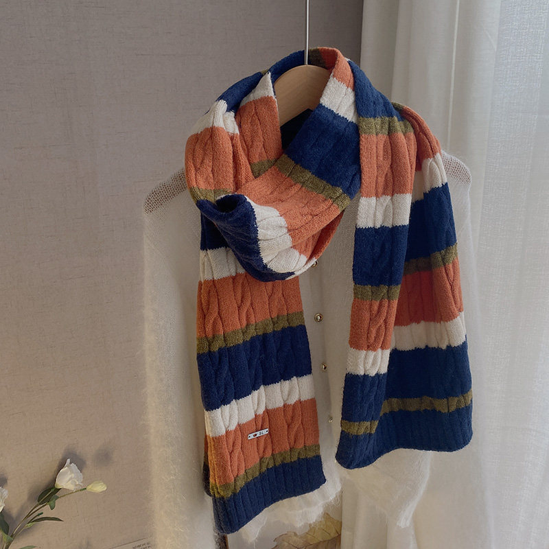 英伦风复古麻花针织毛线围巾男女秋冬新款拼色保暖加厚围脖护颈
