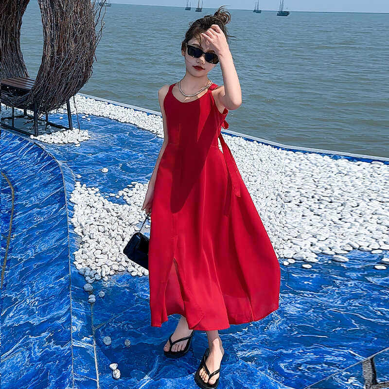 女童夏季连衣裙露背海边度假2024红色大童夏款沙滩裙儿童夏装裙子