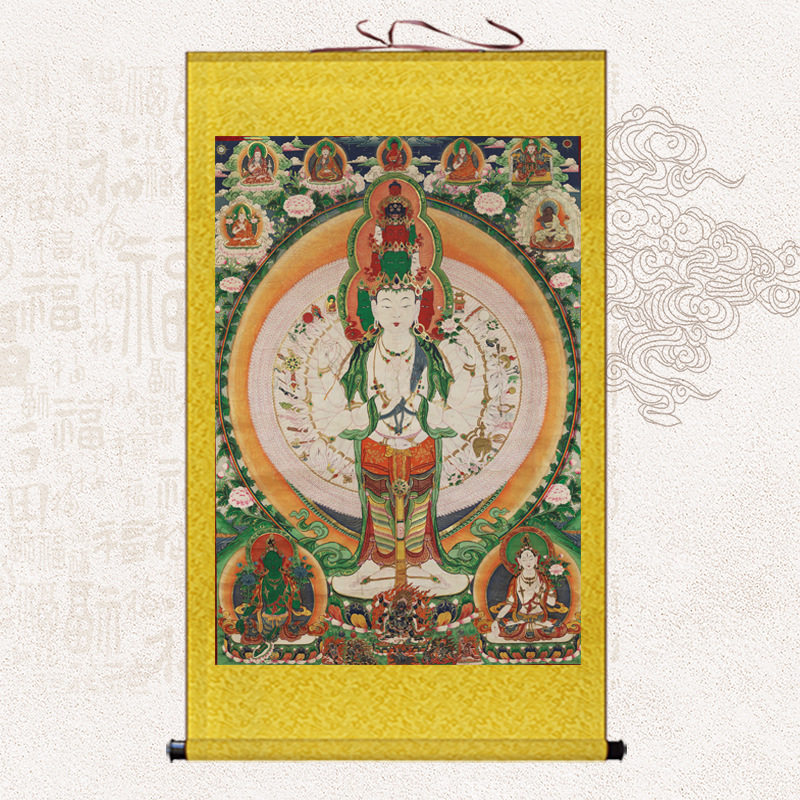 唐卡十一面千手千眼观音画像挂画故宫藏微喷复制画供奉丝绸卷轴画