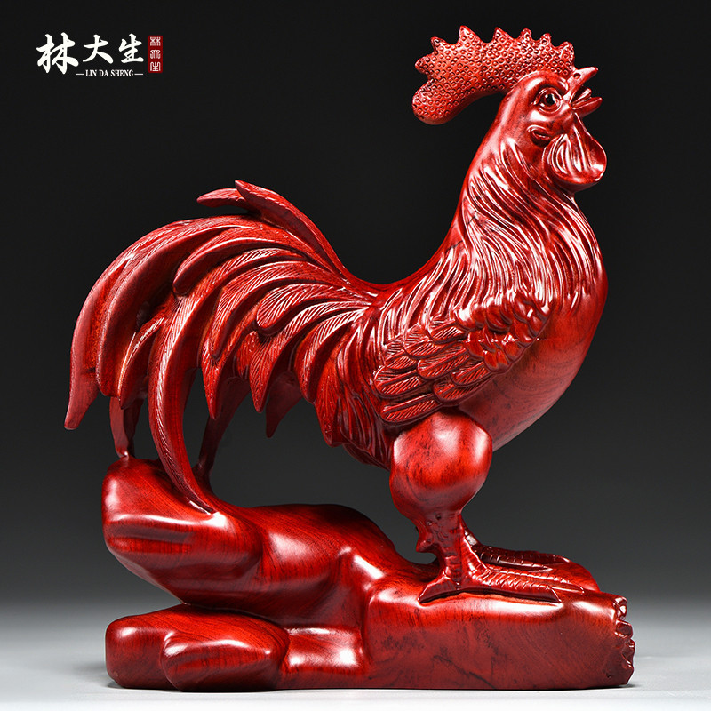 红花梨木雕鸡摆件三合十二生肖木鸡家居客厅办公装饰开业乔迁送礼
