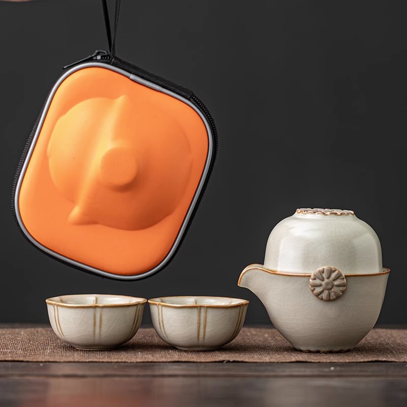 米黄汝窑旅行茶具套装一壶三杯快客杯功夫茶户外便携陶瓷茶壶茶杯