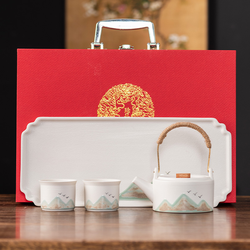 礼品茶具粗陶青山飞鸟提梁壶一壶四杯茶具小套装功夫茶具可定logo