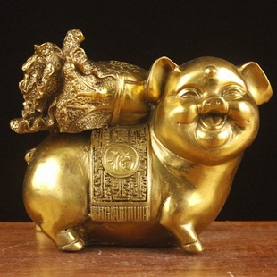 纯黄铜猪摆件大白菜猪百财猪家居装 饰品摆设生肖猪工艺品