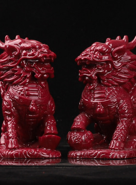 朱砂摆件紫金砂火麒麟公母一对家居办公室卧室工艺品客厅开业装饰