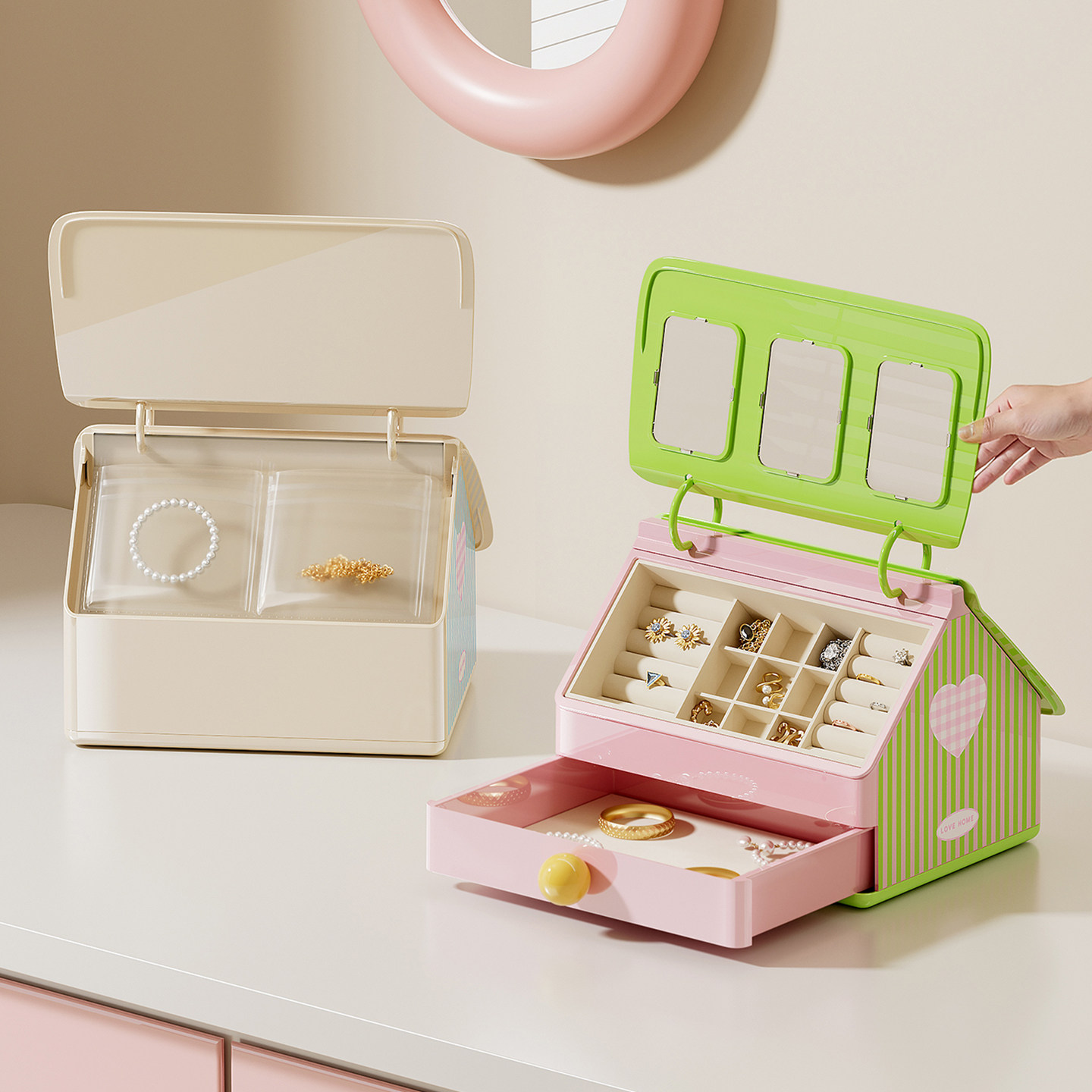 朋菲首饰收纳盒高档精致创意大容量耳钉黄金珠宝分类桌面饰品盒