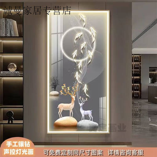 婕茵桐玄关带灯装饰画晶瓷镶钻LED灯发光入户走廊过道语音智能竖